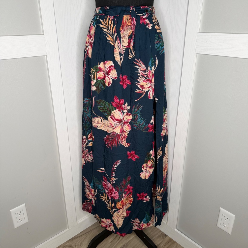 Patrons of Peace Maxi Skirt Women Medium Blue Floral Tropical Elastic Waist Slit